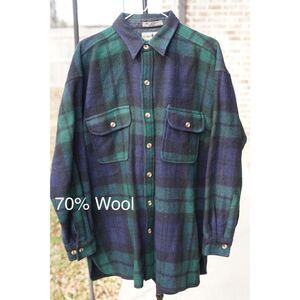 Robert Stock Wool Button Up Flannel Shirt Plaid Workwear Shacket Pockets